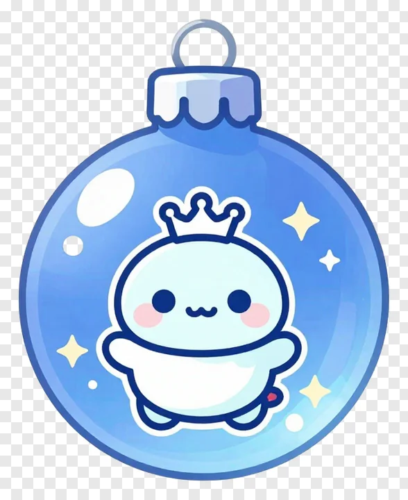 A blue Christmas ornament with a cute crowned character inside.