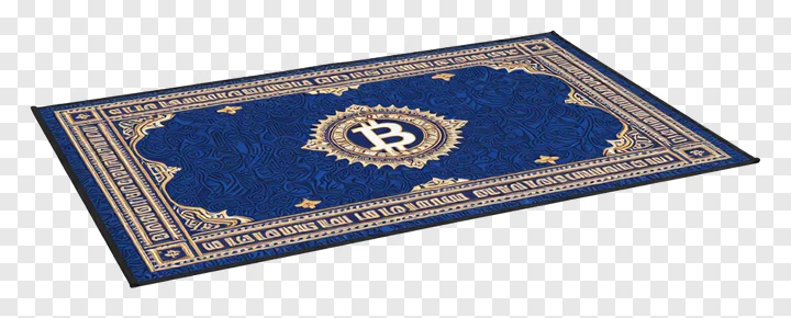 A blue prayer mat with a Bitcoin logo and gold decorative elements.