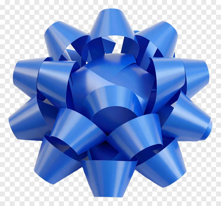 A blue bow with curled loops and tails.