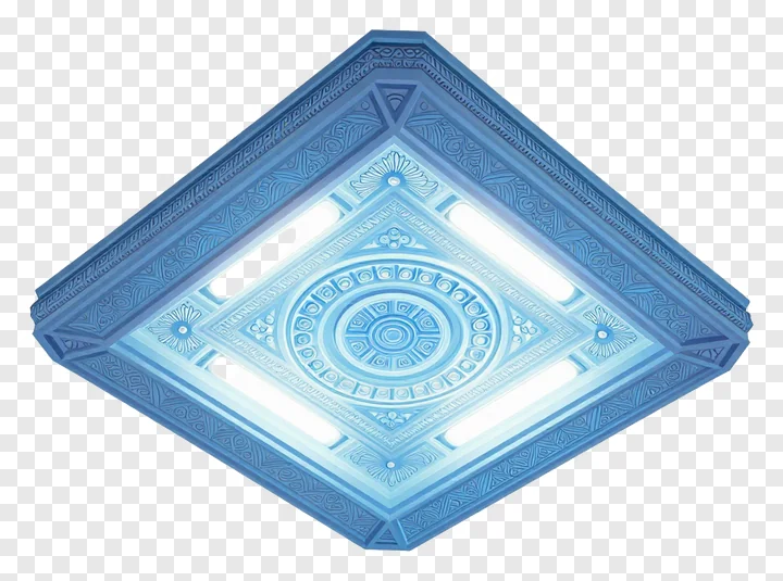 A blue, ornate ceiling light with glowing panels.