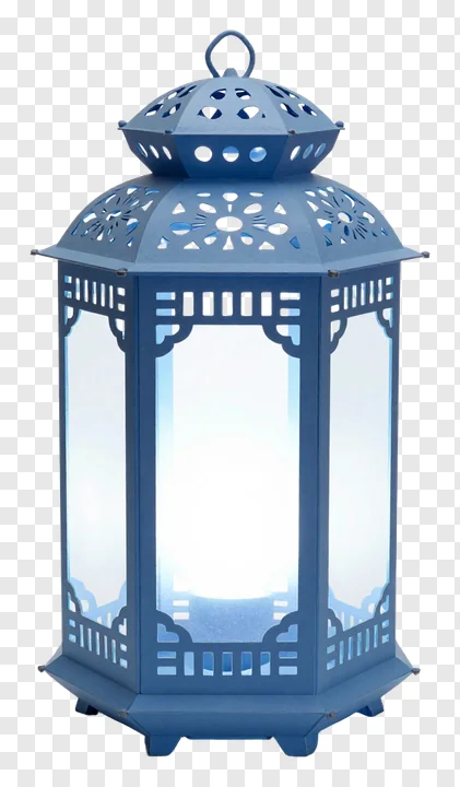 A blue metal lantern with decorative cutouts and a glowing light inside.