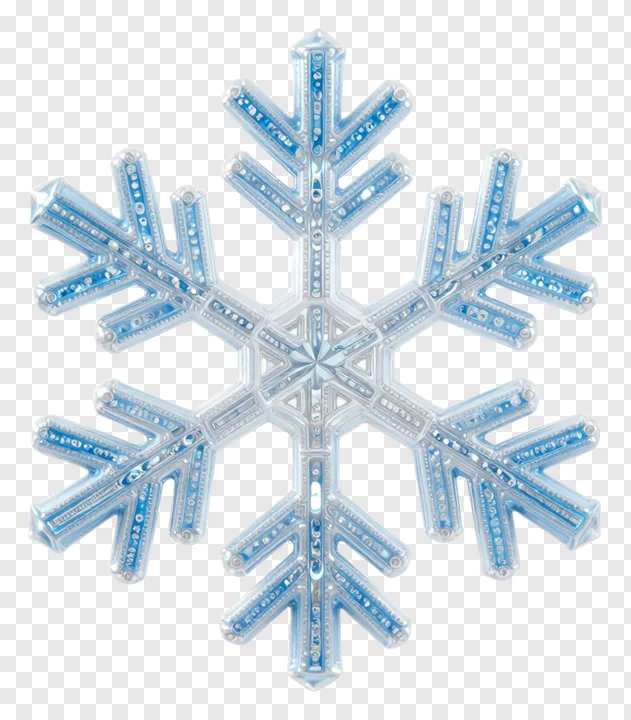 A blue plastic snowflake ornament with glitter details.