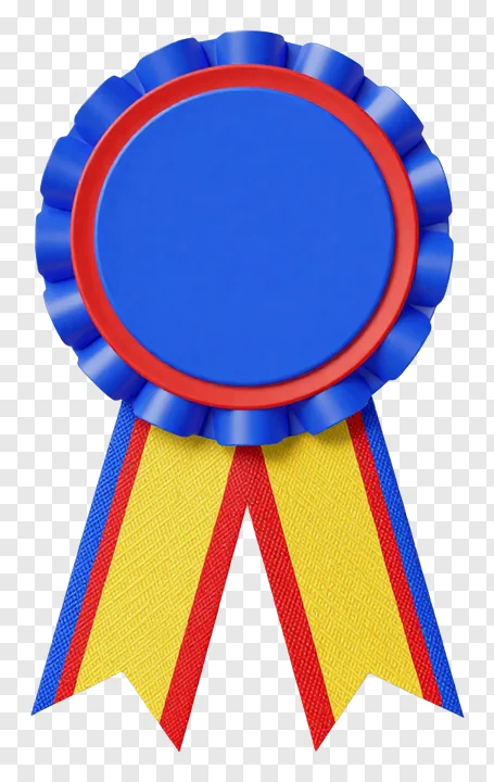 Blue circular badge with tricolor ribbon.