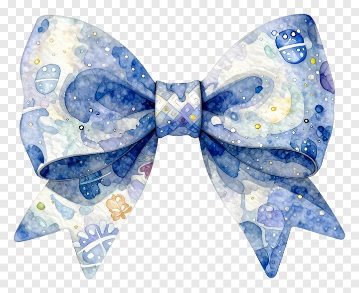 A blue watercolor-style bow with speckles and abstract patterns.