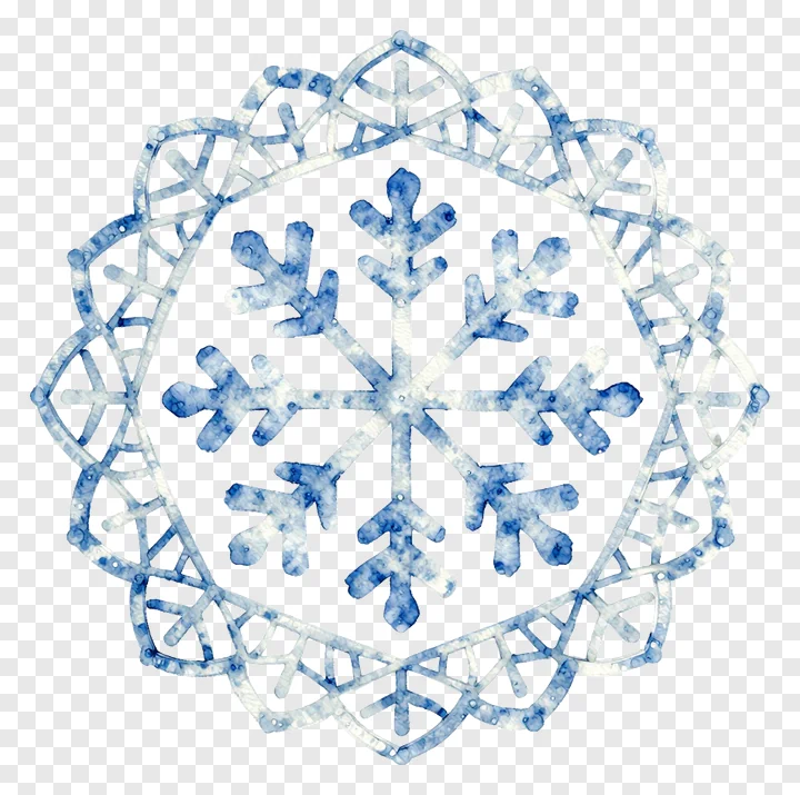 A blue watercolor snowflake lace doily with intricate patterns.