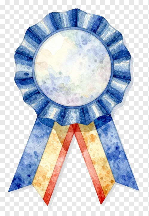 A watercolor-style tricolor ribbon badge with blue, yellow, and red elements.