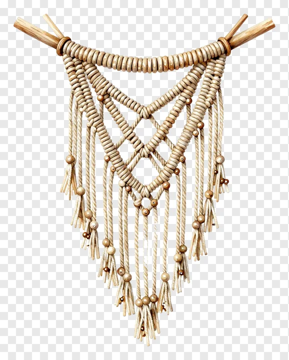 Boho macrame wall hanging with wooden beads and tassels.