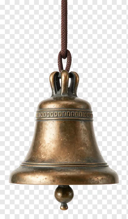 A bronze bell hanging from a cord.