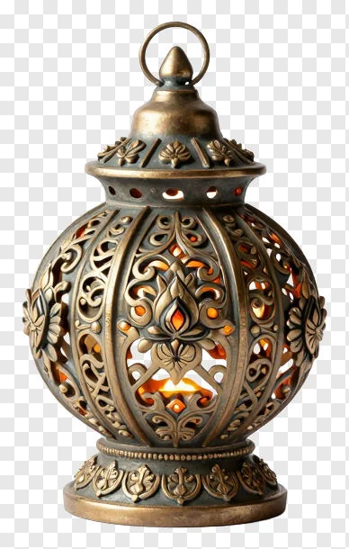 A bronze lantern with filigree cutouts and a glowing interior.
