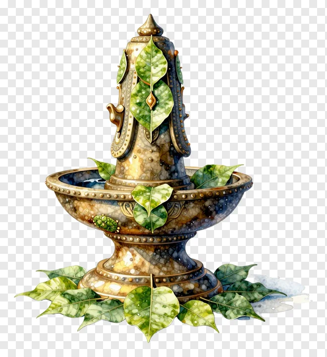 A bronze lingam decorated with green bel leaves in watercolor style.