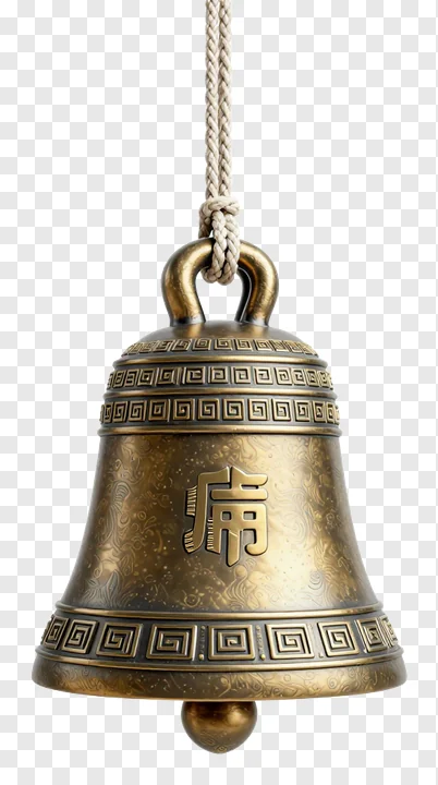 A bronze temple bell hanging from a rope.
