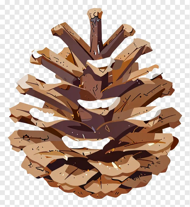 A flat-style pinecone with frost on its scales.