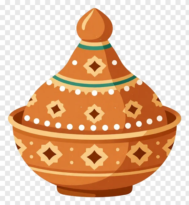 A brown decorated karwa pot with geometric designs.
