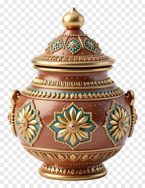 A decorated brown karwa pot with gold and teal floral designs.