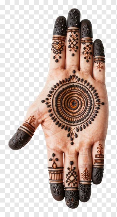 Hand with detailed mehndi design on palm and fingers.