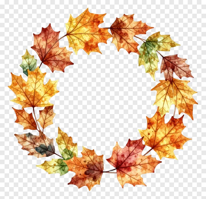 Circular wreath of watercolor autumn maple leaves.