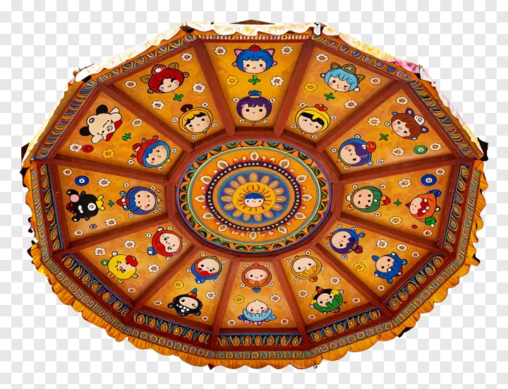 A decorated pandal ceiling with cartoon characters.
