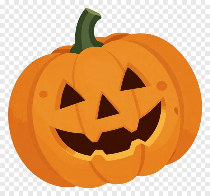 A smiling carved pumpkin with a green stem.