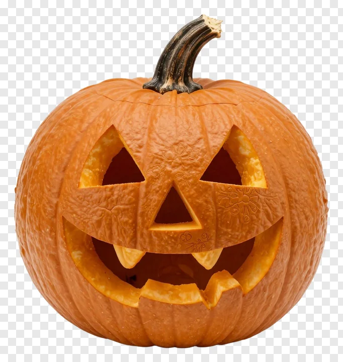 A carved jack-o-lantern pumpkin with decorative carvings.