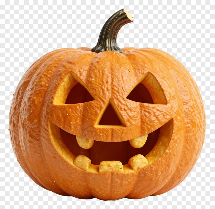 A carved jack-o-lantern pumpkin with visible seeds inside its mouth.