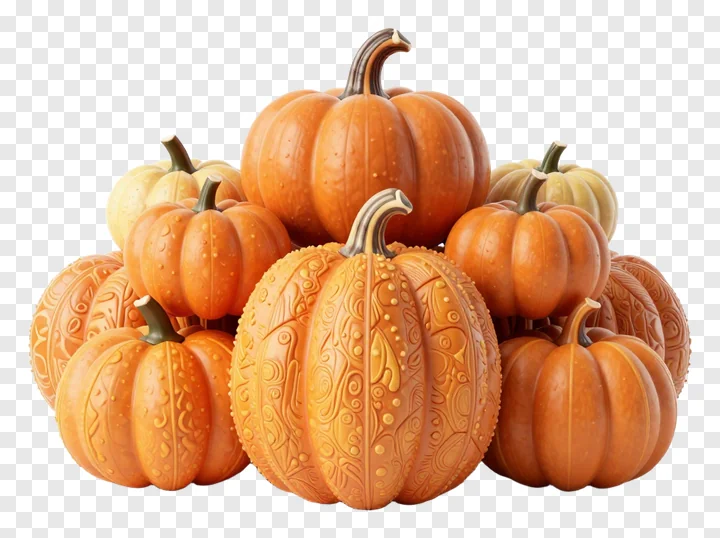 A group of intricately carved pumpkins arranged as a centerpiece.