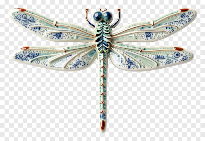 A ceramic dragonfly ornament with decorative wings.