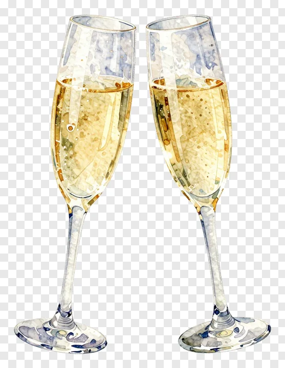 Two champagne glasses clinking in a toast.