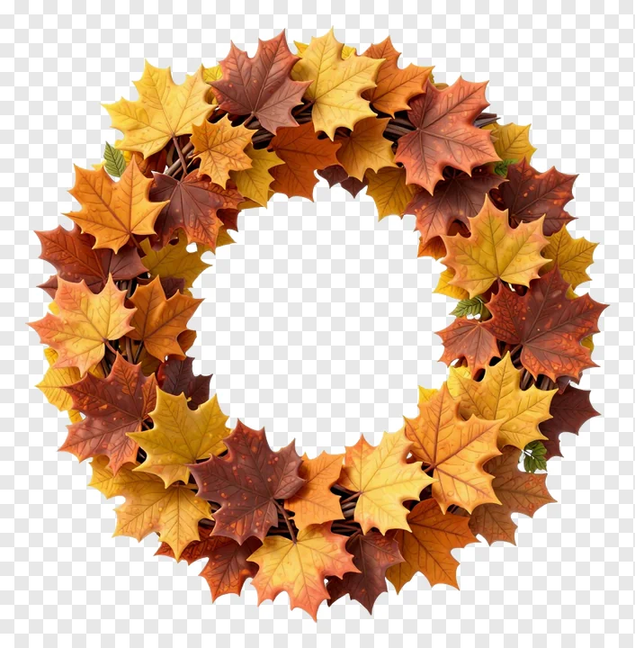A circular wreath of autumn maple leaves.