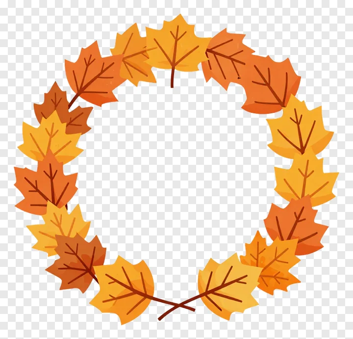 Circular wreath of autumn maple leaves in gradient orange and yellow.