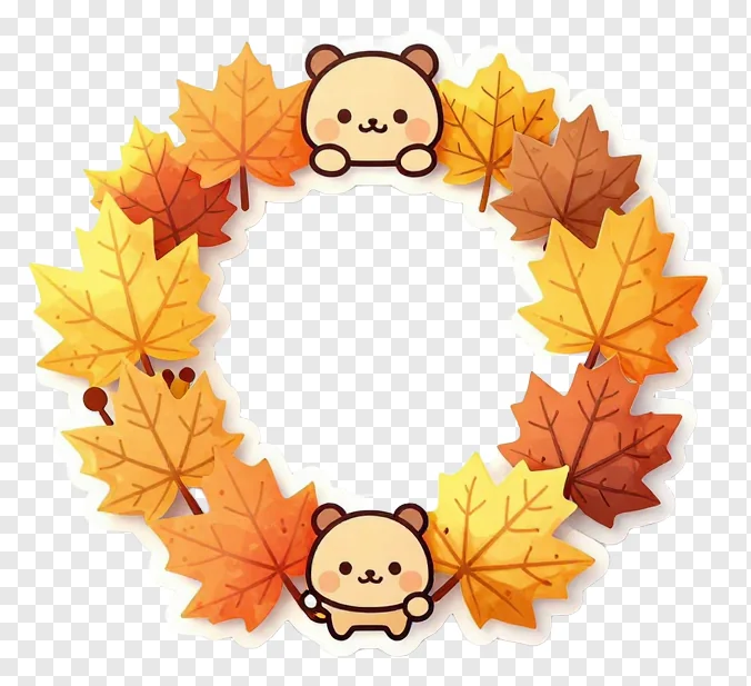Circular autumn leaf wreath with two kawaii bear faces.