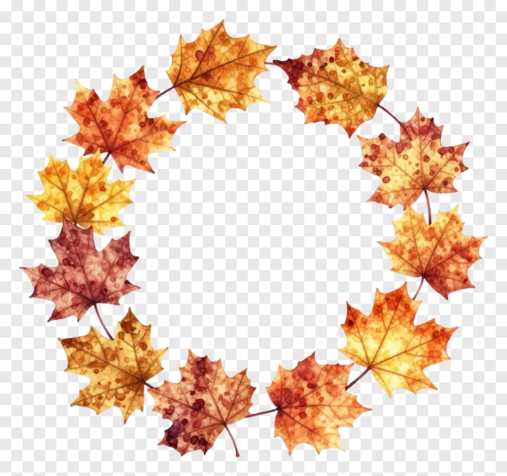 Circular wreath made of autumn maple leaves with mottled texture.