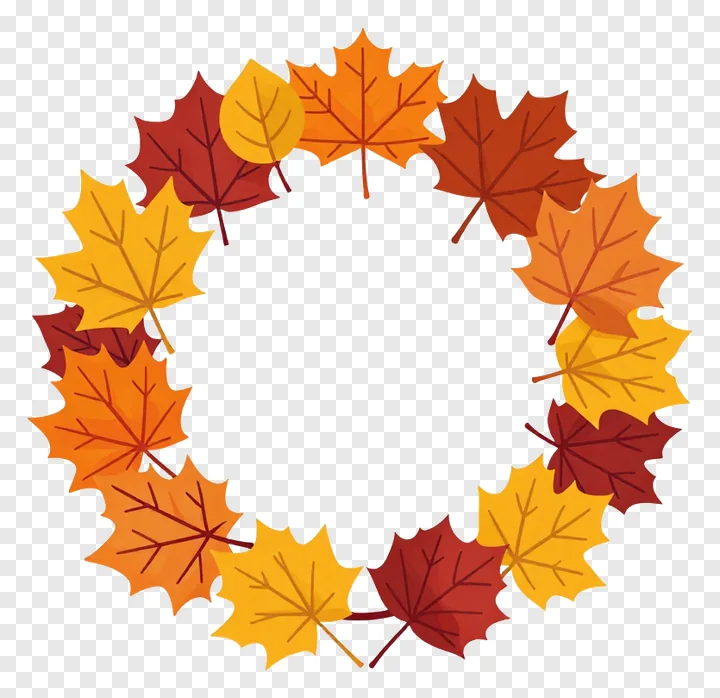 A circular wreath of red and orange autumn leaves.
