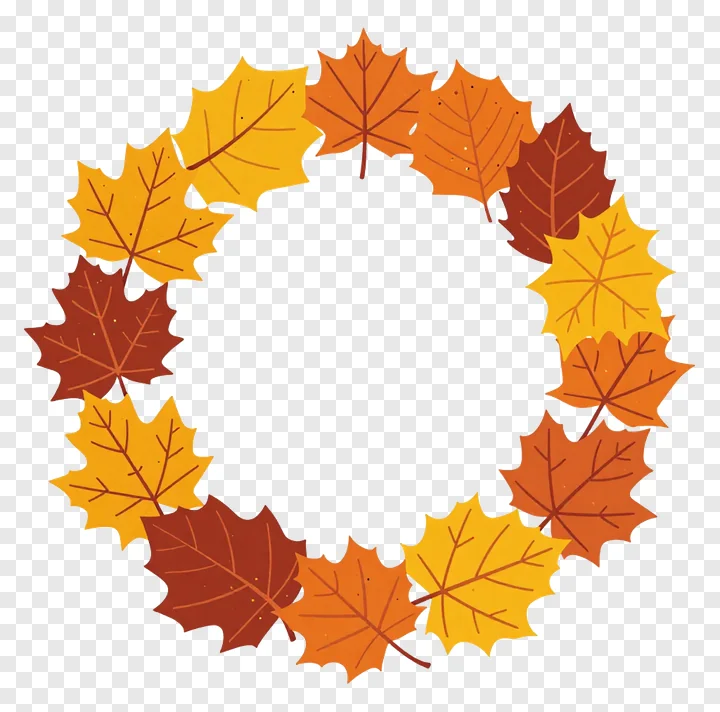 Circular wreath of autumn leaves in rust and gold colors.