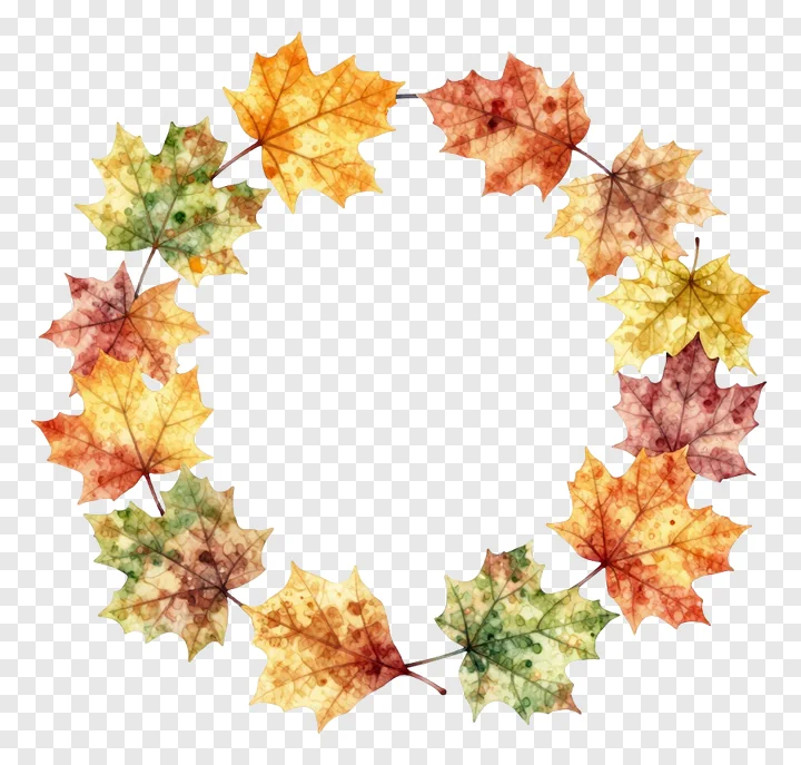 Circular wreath made of autumn maple leaves with watercolor effect.