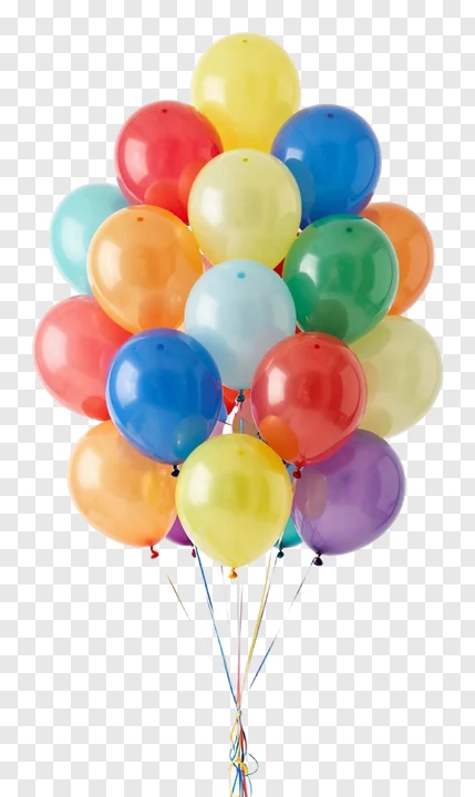 A bunch of colorful balloons tied with ribbons.