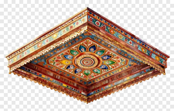 A colorful, ornate pandal ceiling with floral designs.