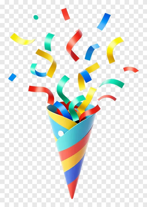 A colorful party popper releasing confetti.