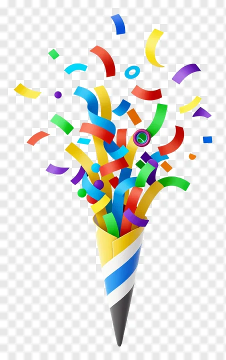 A paper cone releasing colorful confetti.