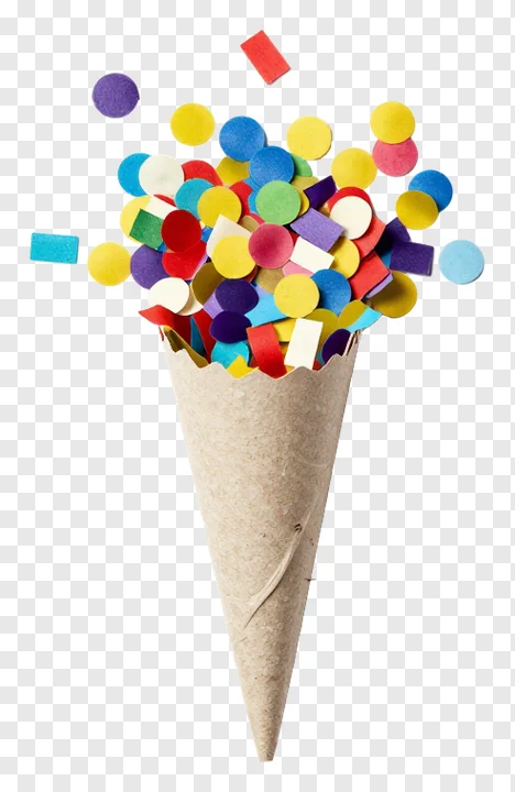 A paper cone filled with multicolored confetti.