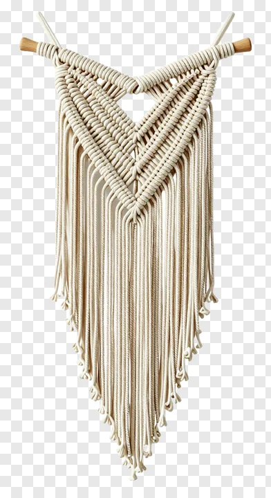 Cream macrame wall hanging with wooden hangers and fringe.