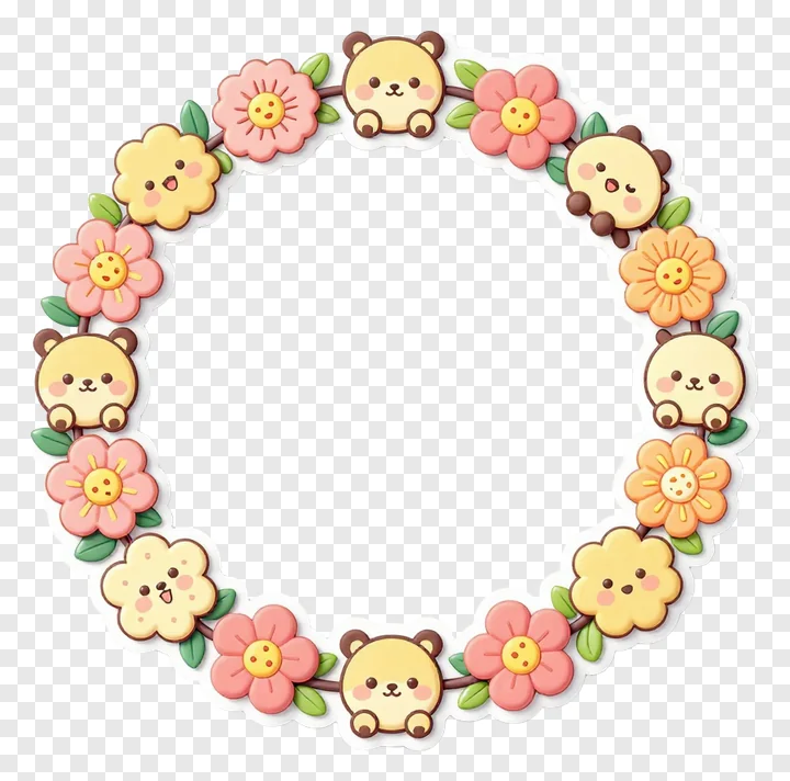 Circular frame with cute bears and flowers.