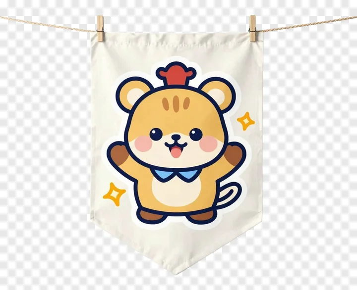 A cute cartoon bear with a red hat on a hanging banner.