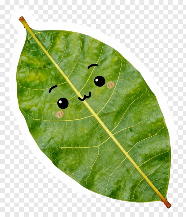 A green mango leaf with a cute cartoon face drawn on it.