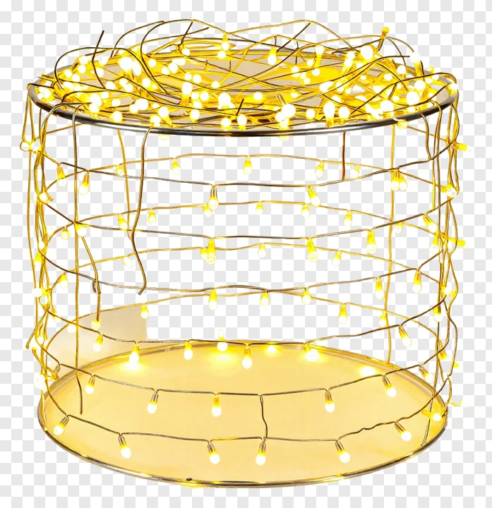 Cylindrical wire frame decorated with warm fairy lights.