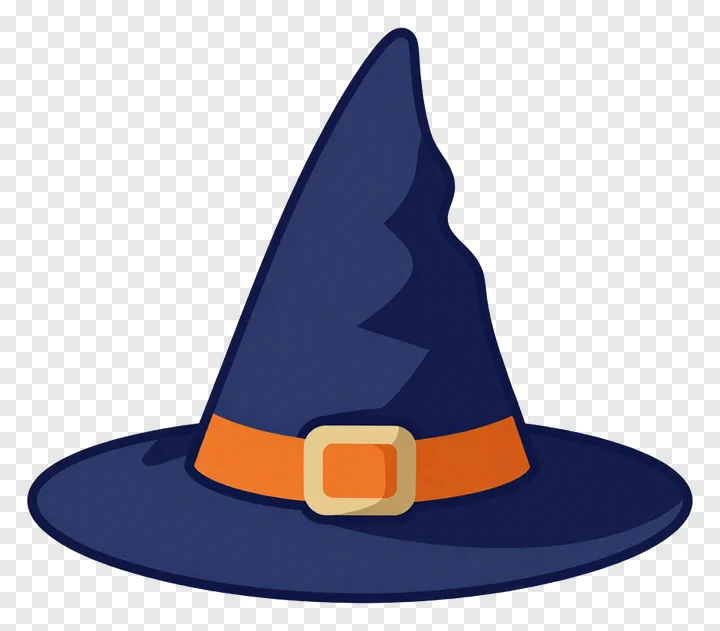 A dark witch hat with an orange belt.