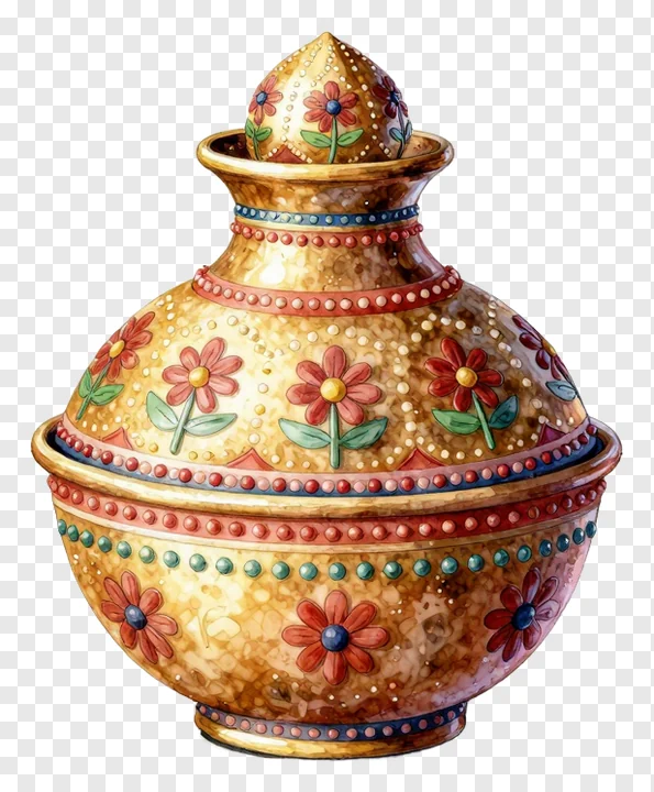 A decorated karwa pot with red flowers and beaded patterns.