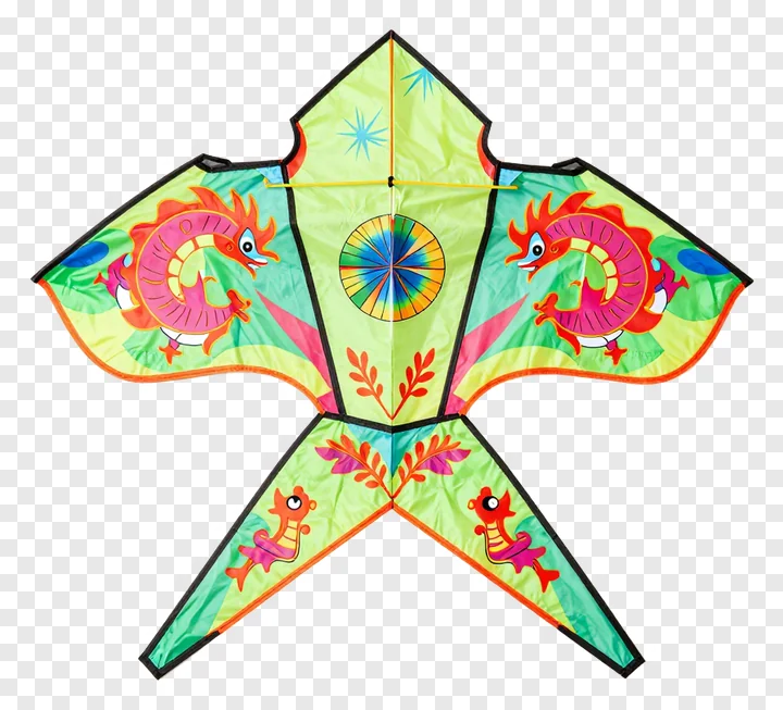 A colorful paper kite with dragon illustrations.