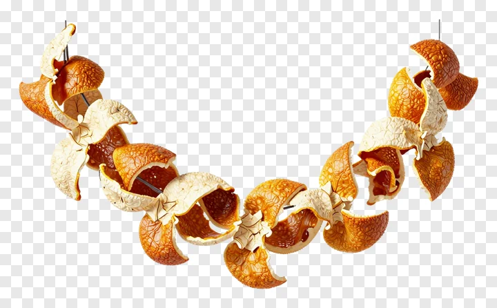 Curved garland crafted from dried citrus peel segments.