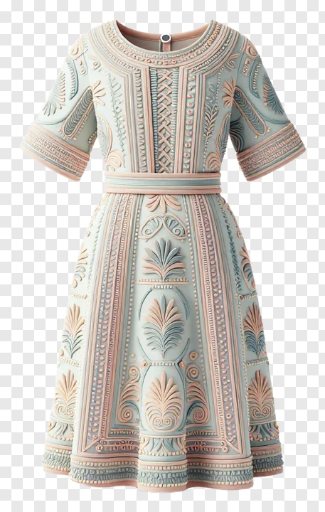 A dress with elaborate embroidered patterns in pastel colors.