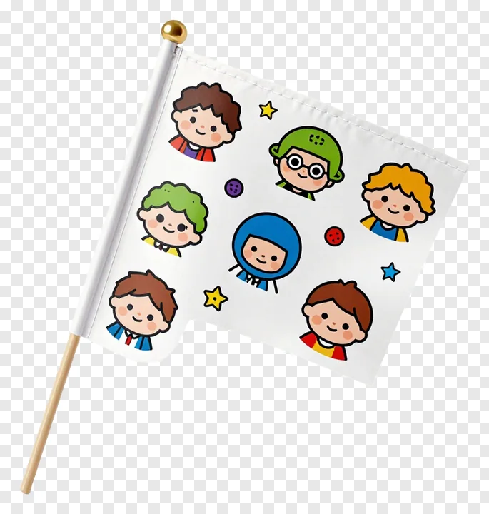 A white flag with cartoon children and stars on a stick.